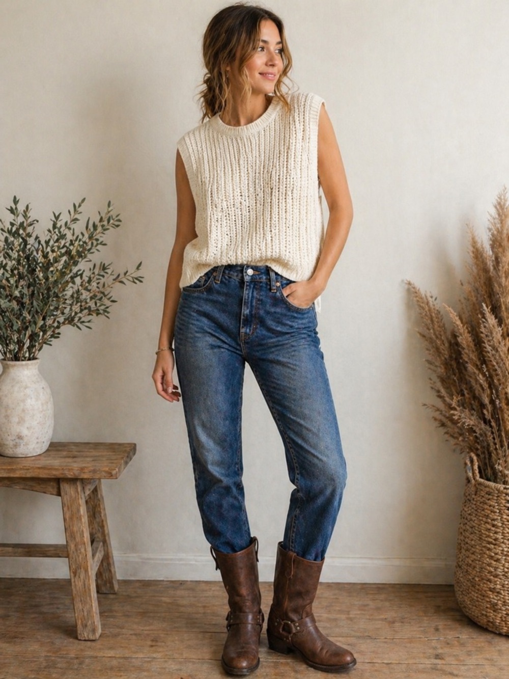 Frye Cream Chunky Knit Sweater round neck Vest Size L Cozy short sleeve